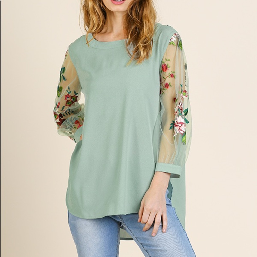 Umgee sheer puff embroidered sleeve top NWT
